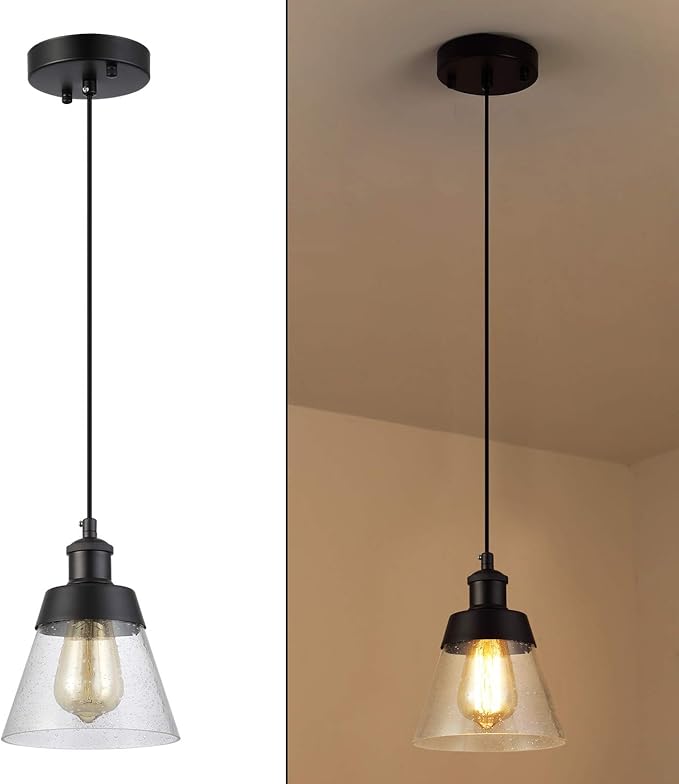 Industrial Glass Pendant Light with Handblown Clear Seeded Glass Shade, One-Light Adjustable Rustic Mini Pendant Lighting Fixture for Kitchen Island Cafe Bar Farmhouse, Black