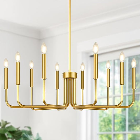 Lynnoland Gold 10-Light Farmhouse Chandelier for Dining Room Lighting Fixtures Hanging, Vintage Candle Pendant Light Fixtures Chandelier for Bedroom, Foyer and Living Room