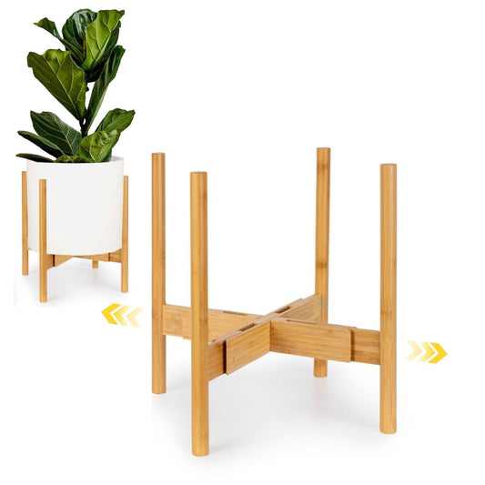 Fox & Fern Large Adjustable Plant Stand Indoor — 11 to 15 Inch Premium Mid Century Bamboo Plant Stand; Plug In Design; Easy Assembly; Two Heights - For 11, 12, 13, 14 & 15 Inch Pots (Not Included)