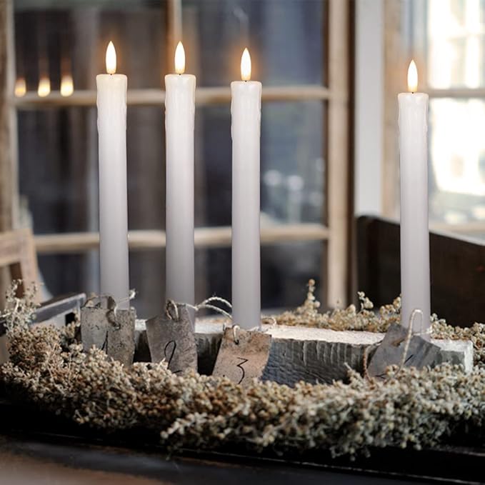 GenSwin Drip Wax Flameless Taper Candles Flickering with 10-Key Remote, Battery Operated Led Warm 3D Wick Light Window Candles Real Wax Pack of 6, Christmas Home Wedding Decor(White, 0.78 X 9.64 Inch)