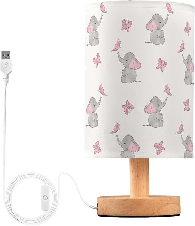 Cute Elephant Baby Play Nightstand Lamp with Wood Base Fabric Shade for Living Room Bedroom Kids Room Office