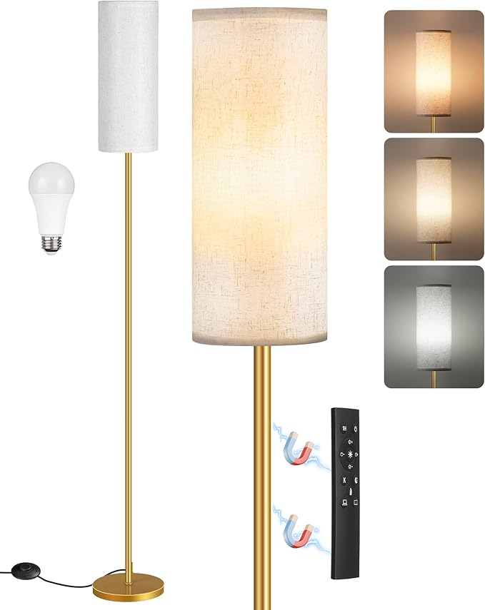 Dimmable Floor Lamps for Living Room with Remote and Foot Switch, 64.4” Modern Standing Tall Lamp, Corner Lamp for Bedroom, Bulb Included, 3000K-6500K, White and Gold, FCC Listed DW06LD05W1