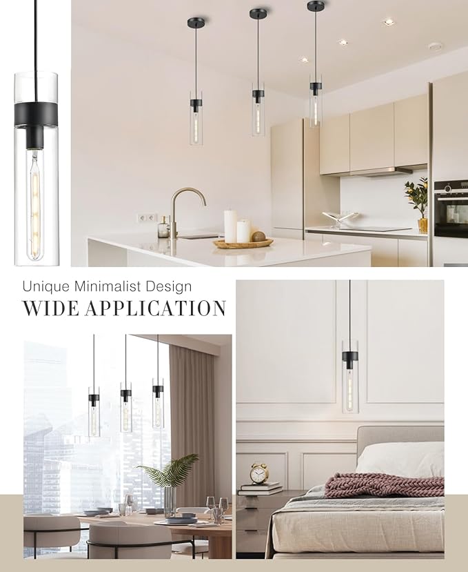3 Pack Black Pendant Lights Kitchen Island (Bulbs Included), Adjustable Modern Glass Pendant Light Over Island, Industrial Pendant Light Fixtures for Dining Room Hallway Bedroom Living Room