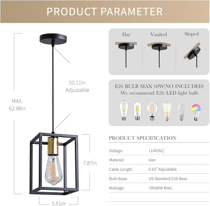 1 Pack Farmhouse Black and Gold Pendant Lights, Hanging Lamps for Living Room Entryway Foyer Indoor, Cage Lantern Kitchen Island Dining Room Light Fixture, Modern Matte Black Industrial Iron Light