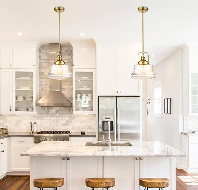 Modern Schoolhouse Pendant Light Fixtures Brass Hanging Kitchen Light with Clear Shade, E26 Light for Dining Room, Bedroom, Bathroom