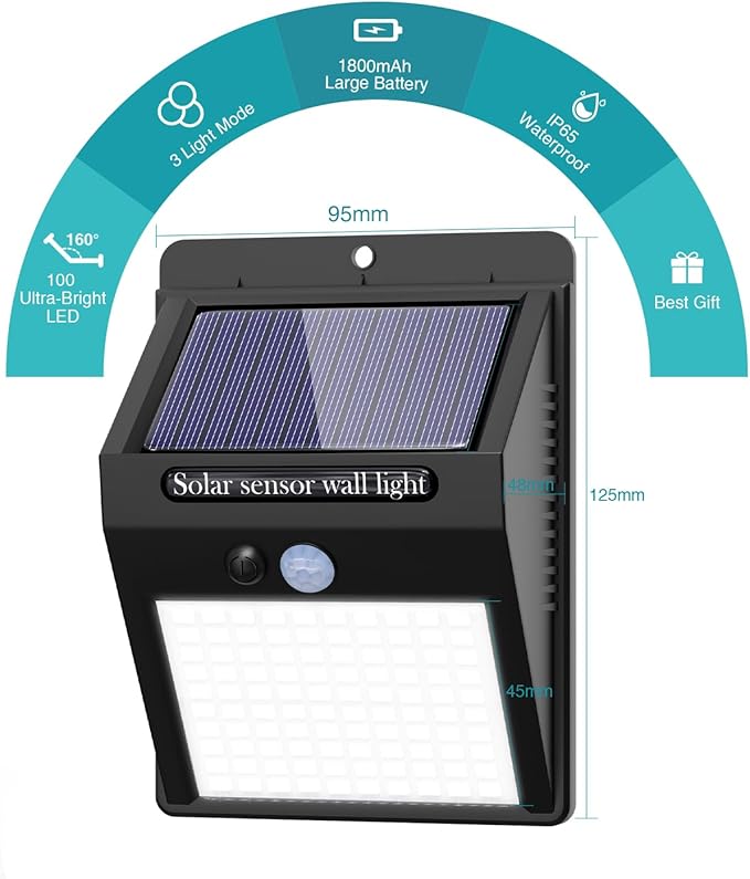 2 Pack Outdoor Solar Motion Lights - 3 Modes/100LED Wireless, IP65 Waterproof Solar Security Lights with Motion Sensor for Front Door, Backyard, Garage, Deck