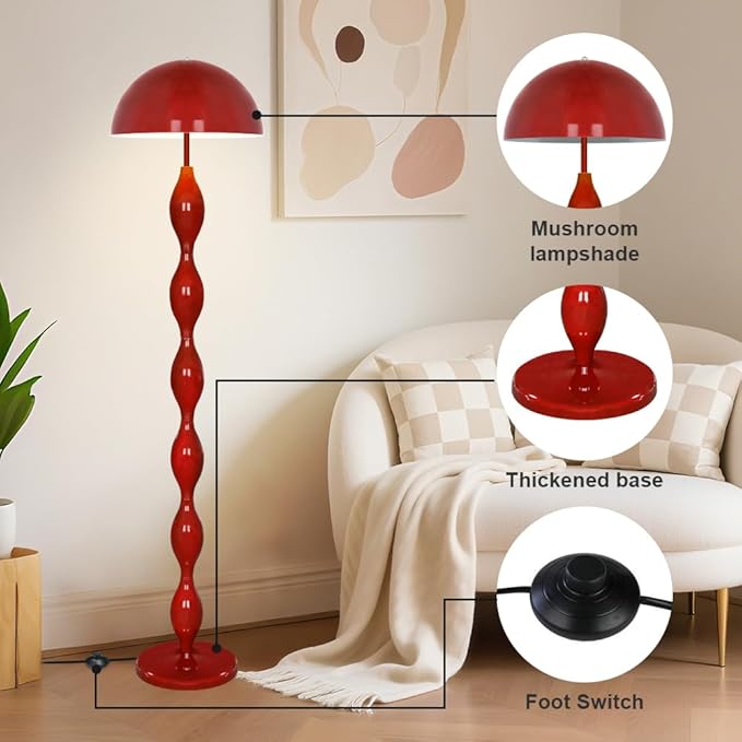 Unique Floor Lamp for Living Room,63" Creative Funky Red LED Mushroom Lamps,3 Colors Standing Light,Mid Century Modern Tall Floor Lamp with Iron Dome Shade for Bedroom,Office,Corner