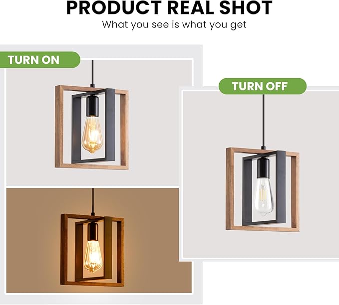 3 Pack Farmhouse Pendant Light Fixture, Black Kitchen Island Pendant Lights, Industrial Metal and Vintage Wood Hanging Light, Adjustable Height Rustic Ceiling Lamp for Entryway, Dining Room, Foyer