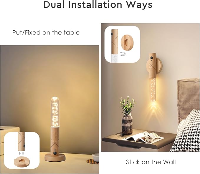 Wall Sconces Set of Two Battery Operated, Motion Sensor Night Light Battery Powered Sconce Rechargeable Wall Sconce, Peel and Stick Sconce Lights for Stair Hallway (White Ash Wood-Bubble)