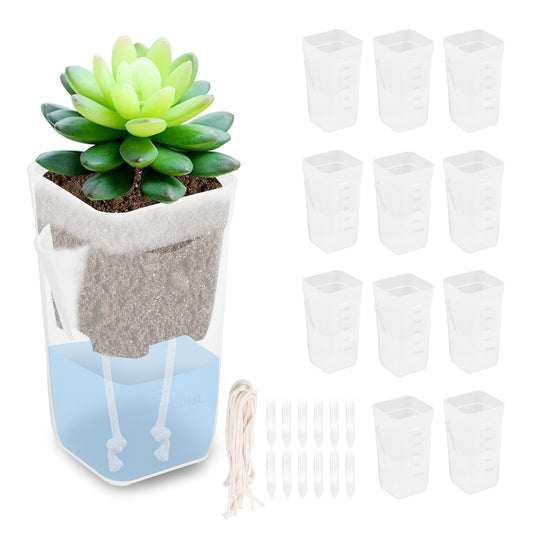 12Pcs Small Clear Plastic Planter Self Watering, 2"/2.5" Mini Self Watering Flower Pots with Drainage, Water Absorbing Cotton Ropes and Tags, Indoor Plant Container for Aloe, Herbs (Model 02)