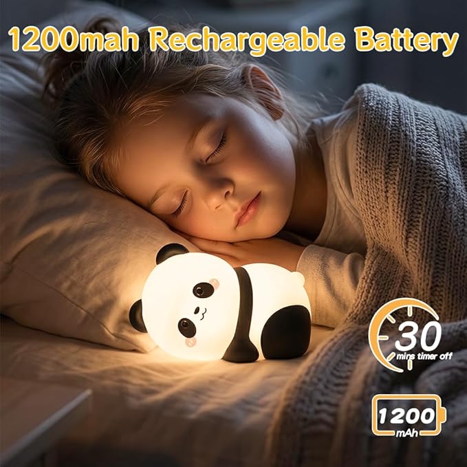 Lying Panda Night Light, Cute Baby Light 3 Level Dimmable, Nursery Nightlight for Snoothing, Sleeping Companion, Auto-Off 30Min Timer, Rechargeable Battry Cordless,