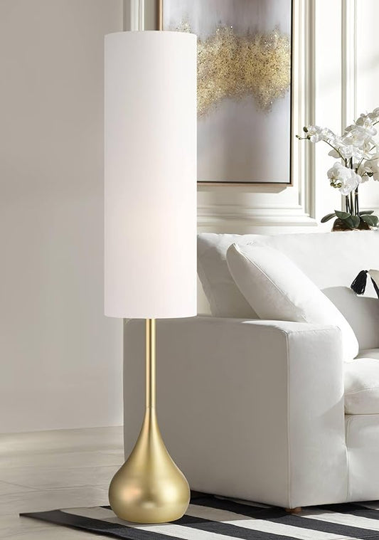 Possini Euro Design Moderne Mid Century Modern 62" Tall Standing Floor Lamp Droplet Foot Switch Metal Soft Gold Finish Living Room Bedroom House Reading Office Home Decor Entryway White Drum Shade"