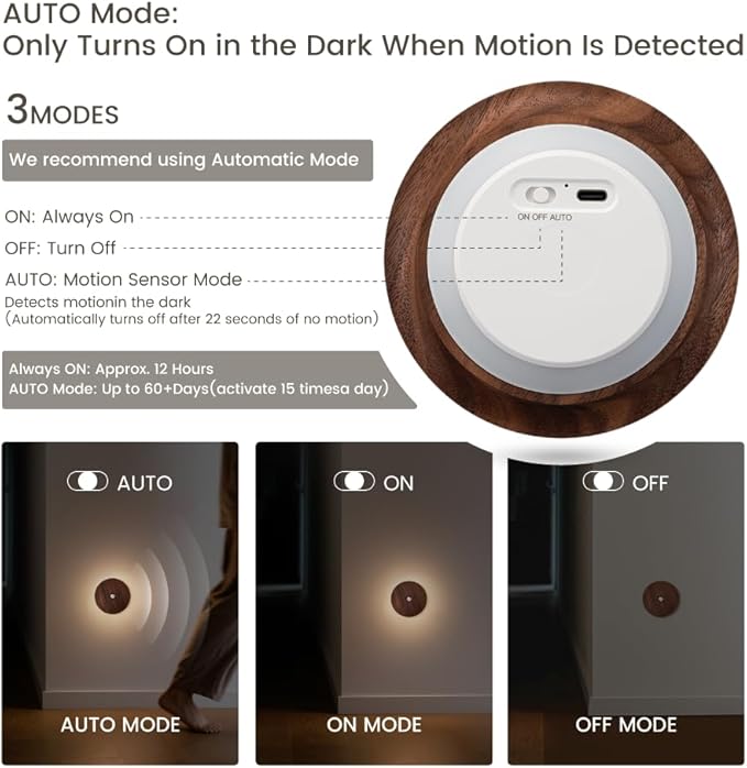 Motion Sensor Night Light Wood Rechargeable Battery-Powered Stick-On Step Lights Magnetic Closet Warm Nightlight for Hallway Bedroom Stair (2 Pack Black Walnut)