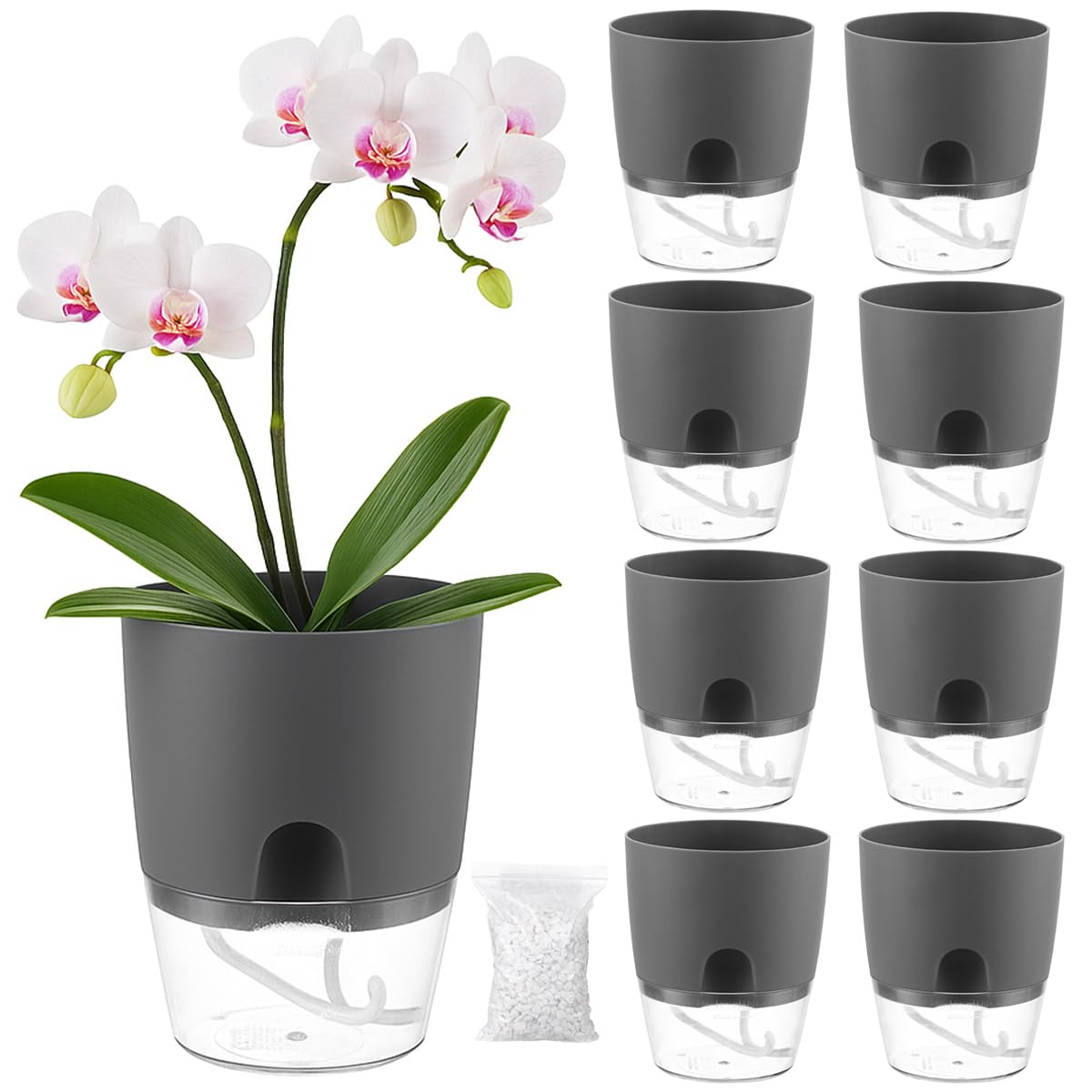 Planterhoma 8 Pack Self Watering Pots for Indoor Plants, 6 Inch Plant Pot Plastic Self Watering Planter for Orchid, African Violet, Small Clear Flower Pots with Drainage Holes and Wicking Rope, Gray