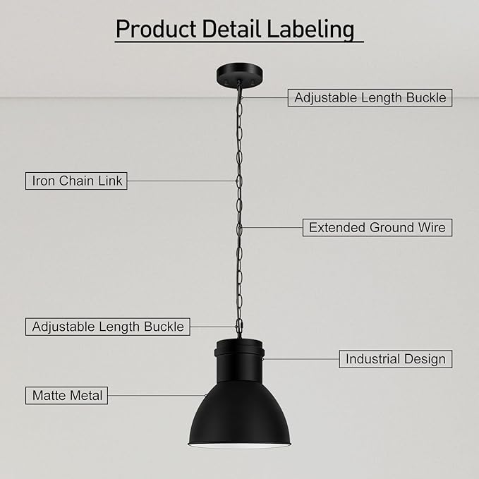 2 Pack Black Pendant Lights Kitchen Island, 10.6" Large Metal Shade and 70.9'' Adjustable Height, Farmhouse Hanging Pendant Light, Modern Pendant Lighting Fixtures for Kitchen Island/Bar, No E26 Bulb