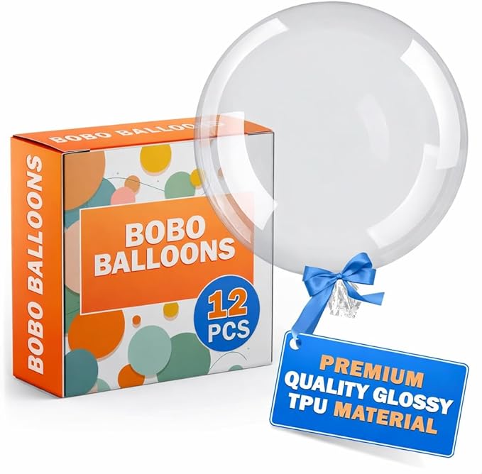 Clear Balloons for Stuffing – 12 Pack Large Clear Balloons, 20 Inch Transparent Helium Tpu Glossy Material – Bubble Balloon Design for Wedding Supplies, Birthday Decorations, Party Games & Photo Zones