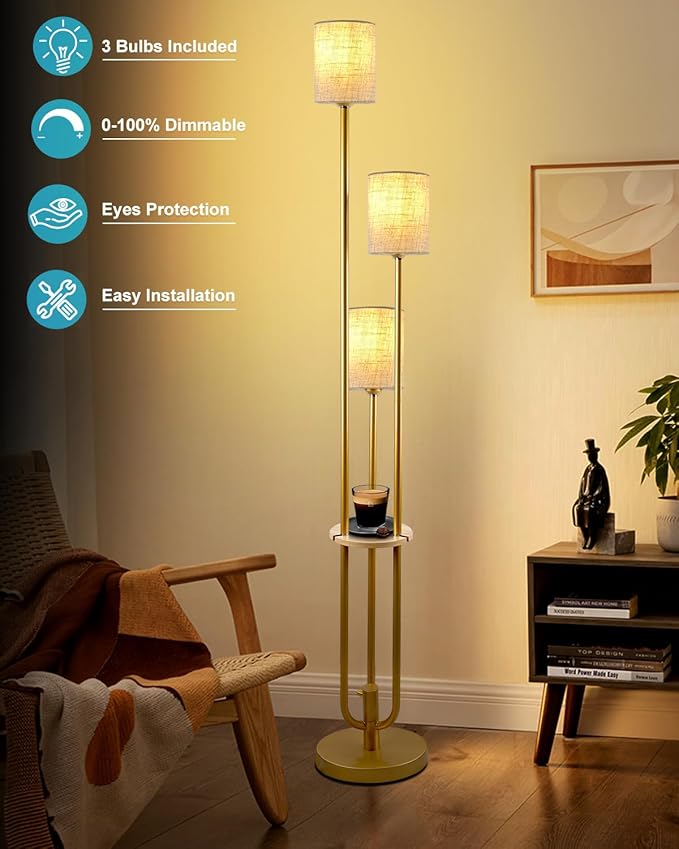 Lightdot 64Inch Floor Lamp with Table Dimmable Gold Floor Lamp for Living Room 3 Lights Mid Century Modern Tall Standing Lamp with Fabric Shade for Bedroom/Sofa Beside/Corner Decor(Bulbs Included)
