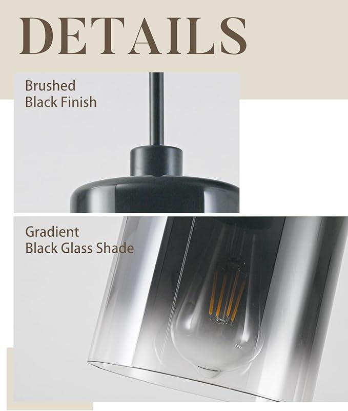 3-Pack Black Pendant Light Fixtures, Modern Pendant Lights for Kitchen Island with Adjustable Rods, Industrial Glass Pendant Lights for Dining Table Hallway Bedroom Living Room