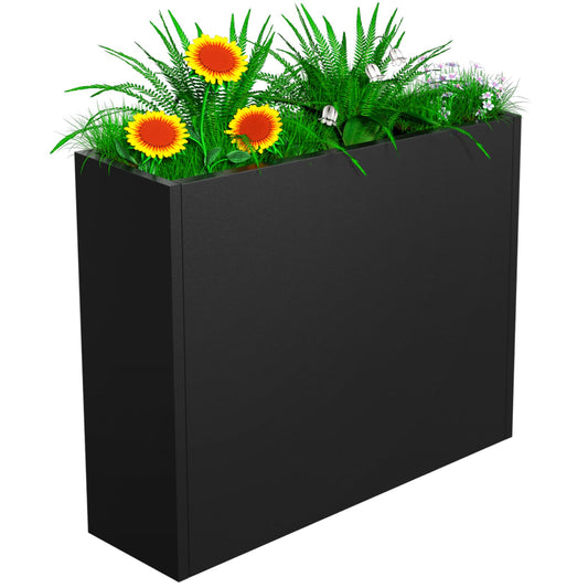 NUWJBYE Tall Metal Planter Box, 38" L x 10" W x 30" H Large Outdoor Planters with Drainage & Adjustable Shelf, Heavy Duty Steel Rectangular Planter for Patio, Balcony, Indoor(Black)