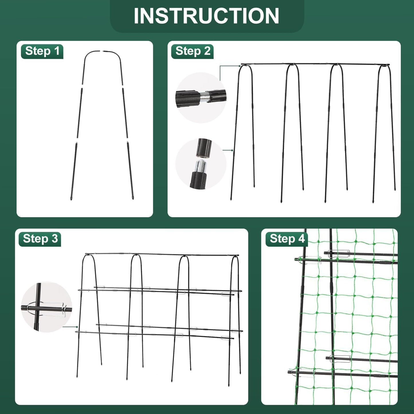 FOLLOOK Garden Cucumber Trellis for Climbing Plants Outdoor, 65 x 48 inch U-Shaped Garden Arch Trellis, Pea Tomato Cucumber for Raised Bed, 120x160-BLK