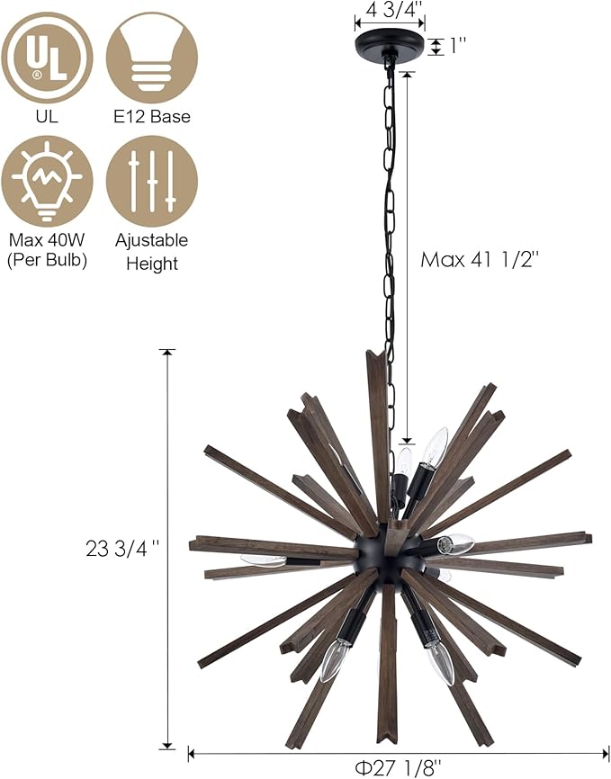 9-Light Sputnik Pendant Light Black, Farmhouse Wood Chandelier for Dining Room Industrial Hanging Light Fixture Ceiling for Bedroom Entryway Kitchen Foyer Living Room