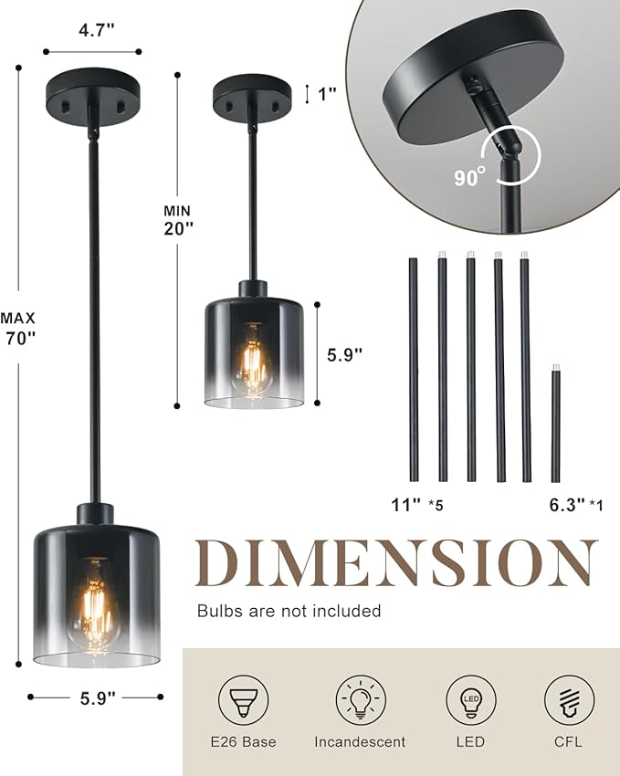 3-Pack Black Pendant Light Fixtures, Modern Pendant Lights for Kitchen Island with Adjustable Rods, Industrial Glass Pendant Lights for Dining Table Hallway Bedroom Living Room