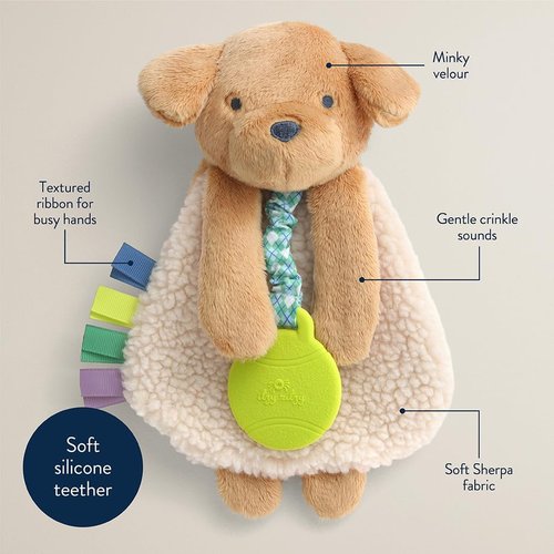 Itzy Ritzy - Itzy Lovey Baby Blanket with Teether | Crinkle Sound, Textured Ribbons & Dangle Arms (Puppy)
