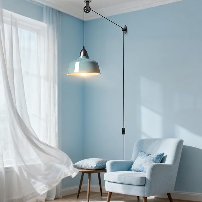 Plug in Pendant Light, Blue Farmhouse Hanging Lights with Plug in Cord, Pulley Hanging Lamp, Industrial Pendant Lights Fixture for Kitchen Island, Bedroom, Dining Room, Living Room, Office
