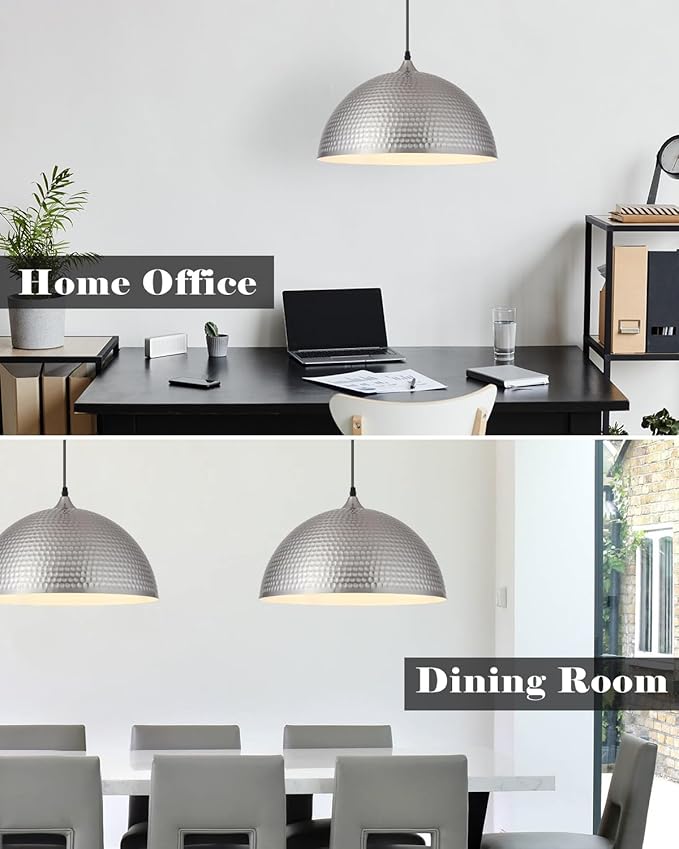Brushed Nickel Pendant Light 16 inch, Hammered Large Dome Pendant Light, Industrial Farmhouse Pendant Lights Kitchen Island, Island Pendant Lights for Kitchen, Dining Room Living Room 2 Pack