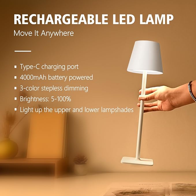 2-Pack Rechargeable Cordless Table Lamps, Battery-Operated Wireless Minimalist Table Lamp, 3 Colors Stepless Dimming LED Adjustable Height Table Lamp for Dining/Bedside/Camping (2, Double-rod white)