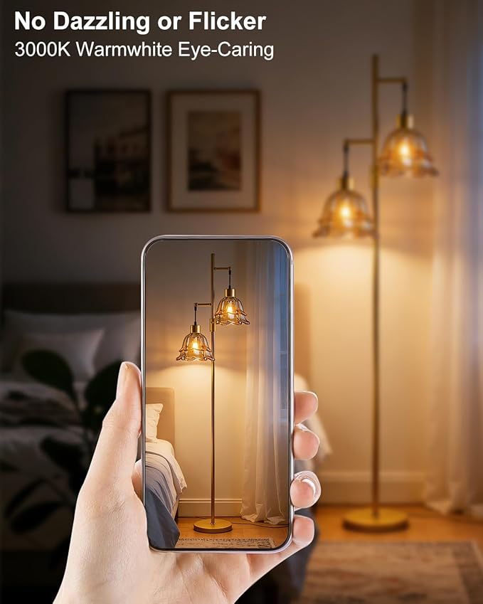 2-Light Gold Dimmable Floor Lamp for Living Room, 65IN Tall Standing Lamps with Brown Glass Lampshade, 3000K Warmwhite Mid Century Modern Floor Lamp for Bedroom/Sofa Beside/Corner Decor