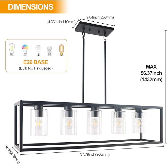 Kalium Chandeliers for Dining Room, 5 Light Dining Room Light Fixture Modern Metal Industrial Kitchen Lighting Fixtures Easy Installation Pendant Lights for Bar Restaurant, Coffee Shop-E26 Base,Black