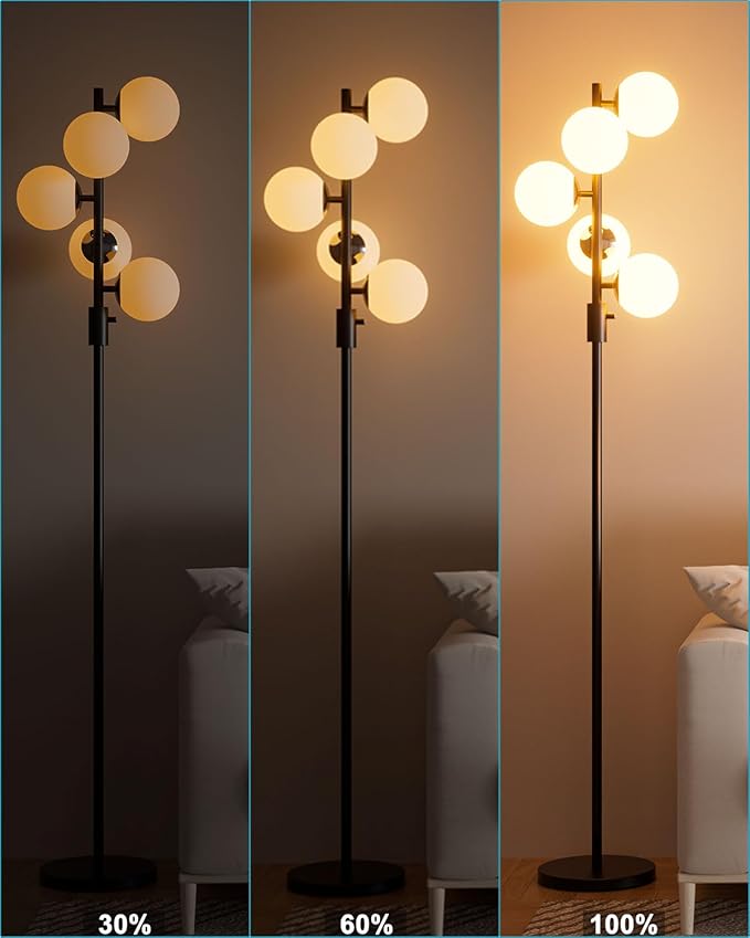 Lightdot 5-Globe Dimmable Globe Floor Lamp Black Standing Lamps with 5Pcs 3000K Bulbs Included Brightness Adjustable Retro Mid Century Modern Floor Lamp for Living Room/Sofa Beside/Corner Decor