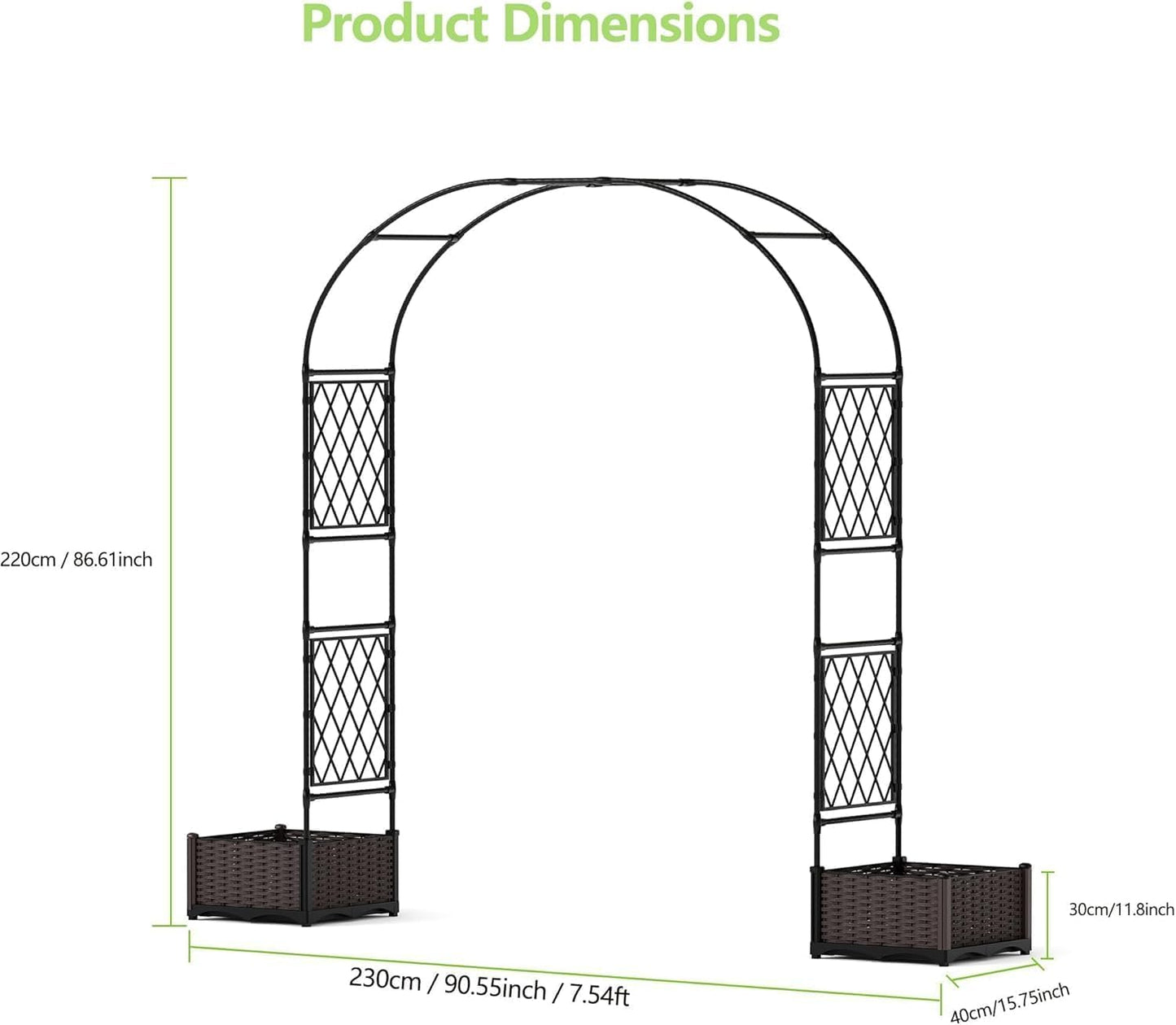 90.5" Garden Arbor with 2 Planter Boxes | PE-Coated Metal Arch Trellis for Climbing Plants, Rust-Resistant Wedding Archway & Decorative Lawn, Backyard Yard Frame | Weatherproof & Easy Assembly