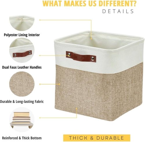 DECOMOMO Storage Cubes - 11x11 Cube Storage Bins for Shelves | Beige & White, 4 Pack