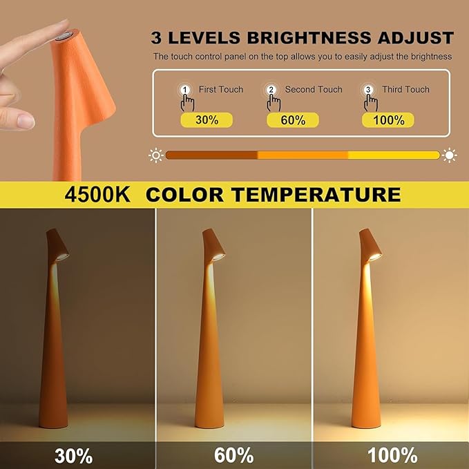 Cordless Small Table Lamps Set of 2,3 Levels Brightness Portable Desk Lamp,Rechargeable Battery Lights for Outdoor, Restaurant, Bedside, Baby Night Light(Orange)
