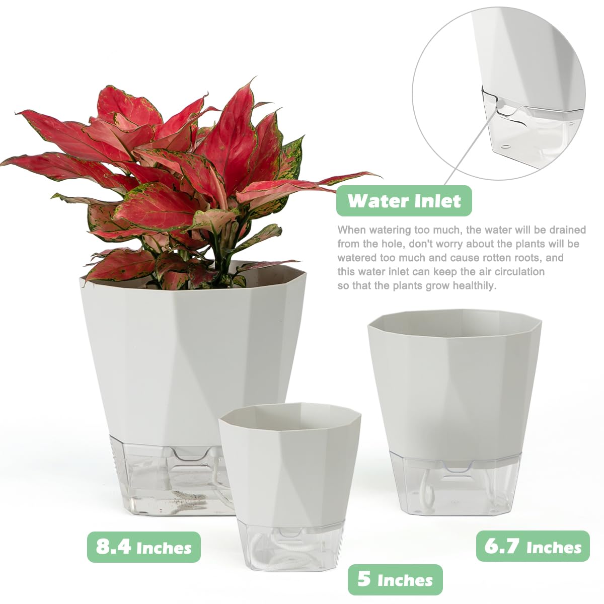 5 Pack Self Watering Plant Pots 5/6.7/8.4 In Self Watering Planters for indoor and Outdoor plants African Violet Self Watering Pots Clear Pots for Plants Herb Orchid Flower Houseplant Pots, Light Grey