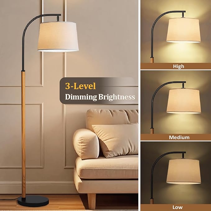 65” Brown Black Arc Floor Lamp for Living Room, 1200 Lumens 3-Level Brightness Mid Century Modern Floor Lamp for Bedroom, Wood Arc Standing Tall Lamp, Adjustable Lampshade, LED Bulb Included