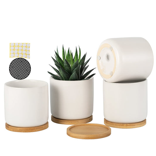 OMAYKEY 4 Inch Ceramic Plant Pot with Saucer, White Planters Pots with Drainage Hole and Mesh Pads for Succulent, Snake, Cactus, Herbs - 4 Packs(Plant Not Included)