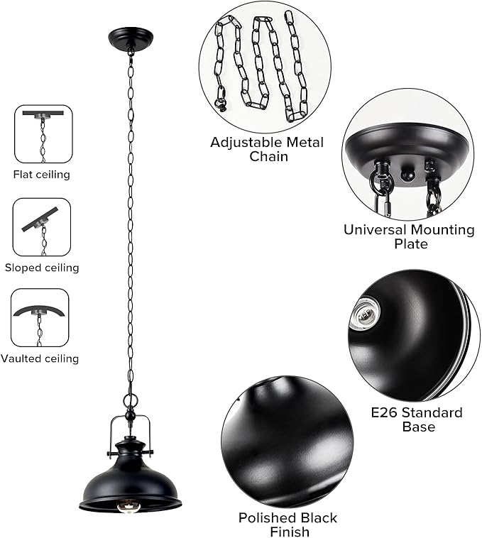 GZBtech Industrial Dome Pendant Light, Metal Chain Adjustable Farmhouse Hanging Light, 50.5 Inches Vintage Rustic Lighting Fixture with Polished Black Finish for Kitchen Dinning Room Barn, UL Listed