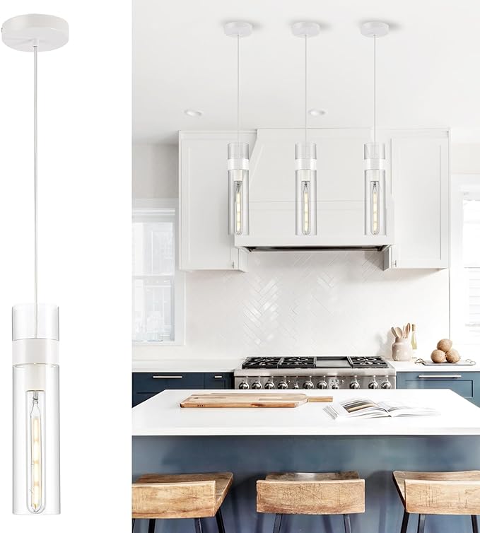 Pendant Lights Kitchen Island (Bulb Included), White Adjustable Modern Glass Pendant Light Over Island, Industrial Pendant Light Fixtures for Dining Room Hallway Bedroom Living Room