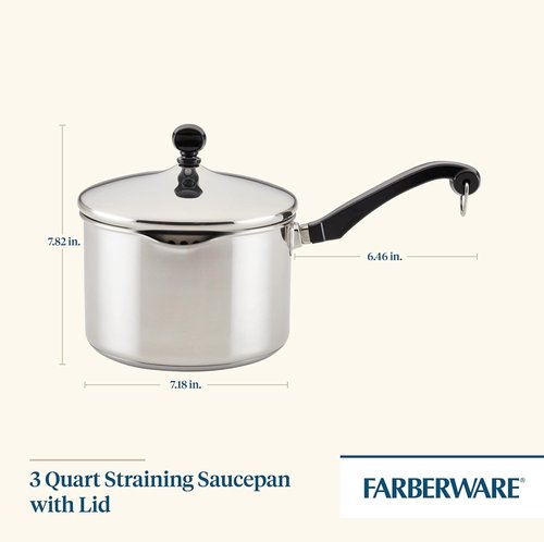 Farberware Classic Stainless Steel 3-Quart Covered Straining Saucepan - Durable Silver Design
