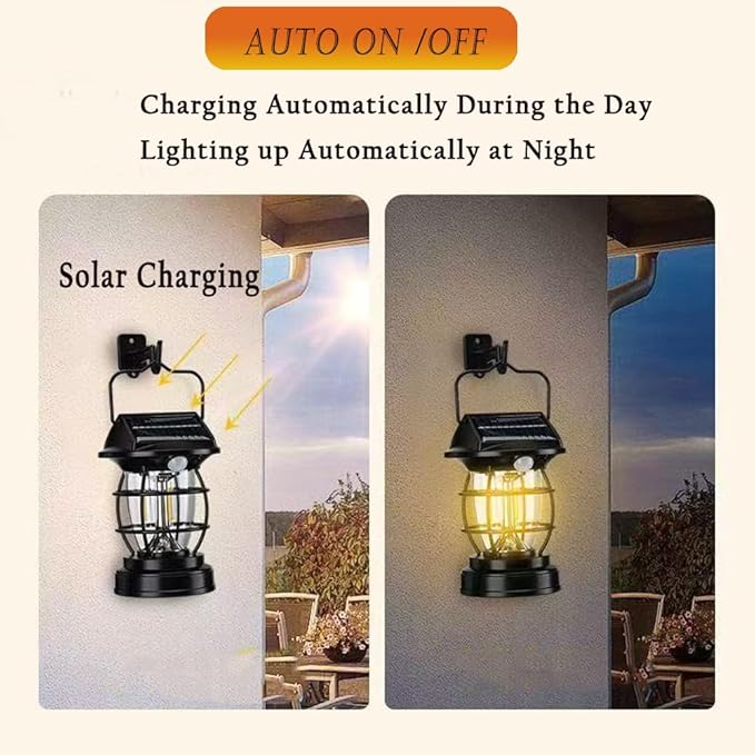 [1200lm] Motion Sensor Solar Lanterns Outdoor Tent Lights Portable Camping Exterior Front Porch Waterproof Table Desk Wall Sconce Lamp Rechargeable Anti Rust Coach for House Doorway Garage 1 Pack