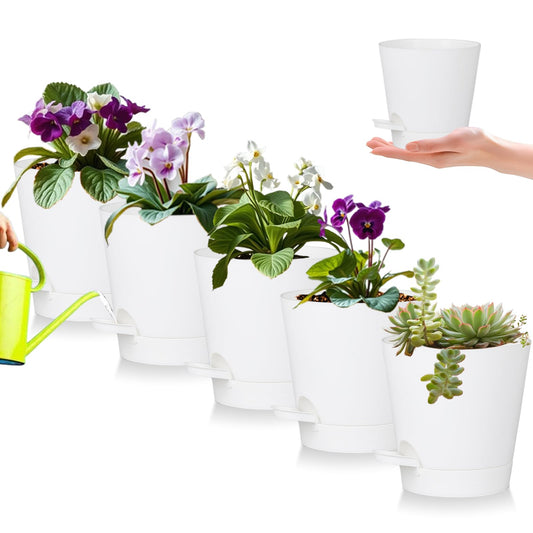 zople 5 Pack 5 inch Self-Watering Pots, African Violets Planter with Drainage Holes and Reservoir, White Plastic Planter for Indoor Outdoor Plants Flowers and Houseplants White, 5 inch 5 pcs