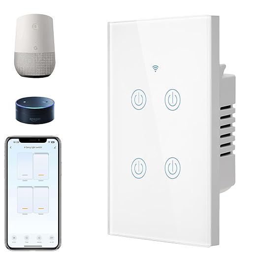 BSEED Smart Light Switch, 4 Gang ZigBee Switch with APP Control and Timer Function, Touch Alexa Remote Compatible with Alexa, Google Assistant, Group Voice Control, Single Pole, White