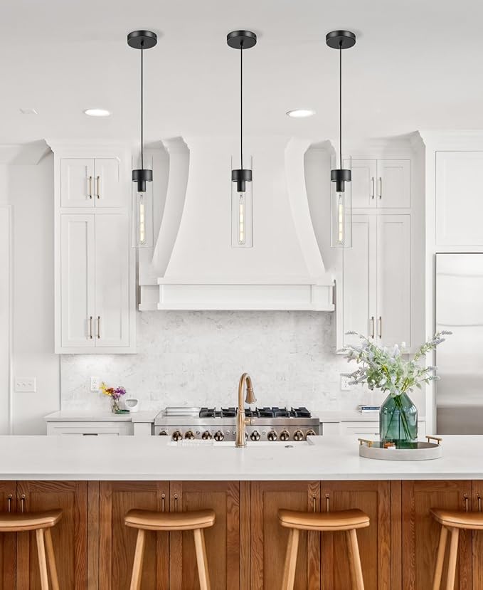 2 Pack Black Pendant Lights Kitchen Island (Bulbs Included), Adjustable Modern Glass Pendant Light Over Island, Industrial Pendant Light Fixtures for Dining Room Hallway Bedroom Living Room