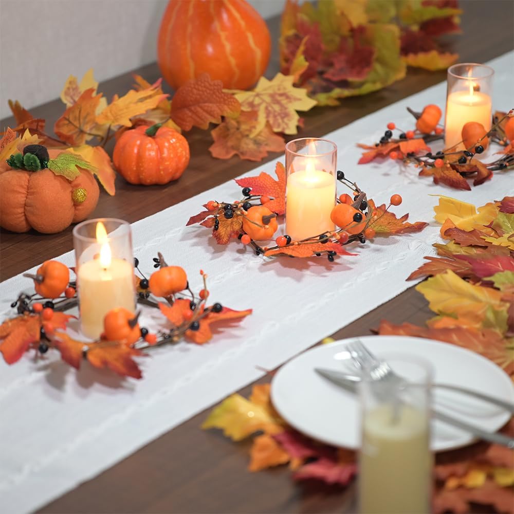 Skiennix 3-Piece Fall Candle Rings - Autumn Maple Leaves & Pumpkins | Perfect for Thanksgiving & Halloween Decor