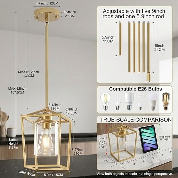 2 Pack Gold Pendant Lights Kitchen Island, Farmhouse Kitchen Pendant Light Fixtures, Metal Cage Island Lights with Clear Glass Shade for Kitchen, Entryway, Dining Room, Hallway