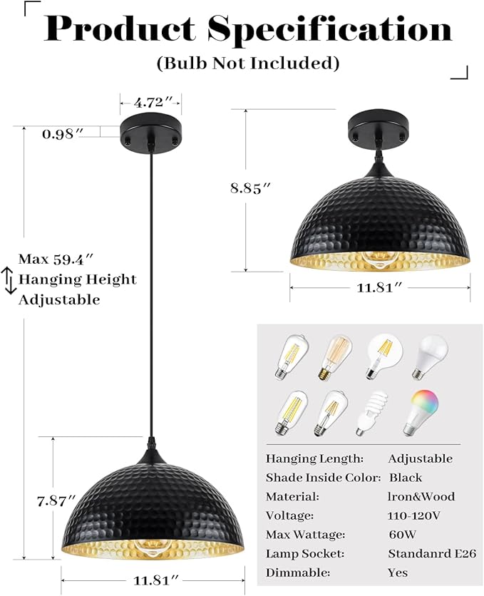 Hammered Pendant Lights Kitchen Island 2 Pack, 12 Inch Black Dome Pendant Light, Industrial Hammered Pendant Light, Island Pendant Lights for Kitchen, Dining Room, Cafe