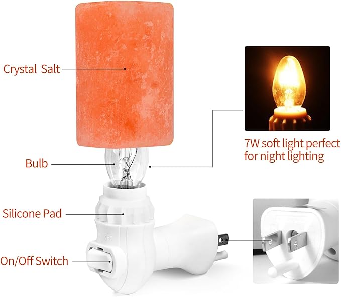 Betus Natural Crystal Himalayan Salt Wall Lamp - Air Purifying Night Light - 360° Rotatable Plug 7W Bulb - Cylindrical